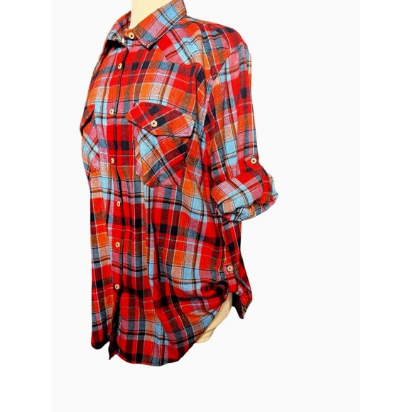 Designed In Italy Blue Plaid Button Up Size 2XL Woman's Flannel western shirt - Picture 15 of 16